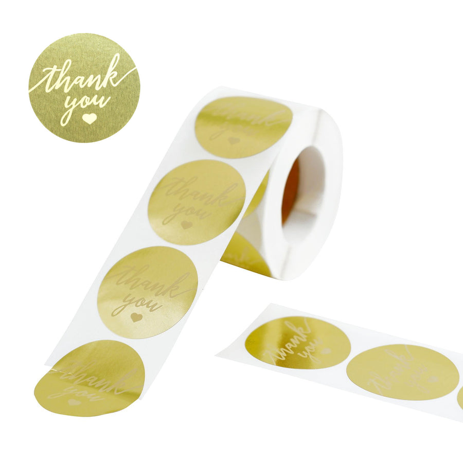 Round Gold Foil Background Thank You Stickers Roll with White Text and Decor, Envelope Seal Labels#whtbkgd
