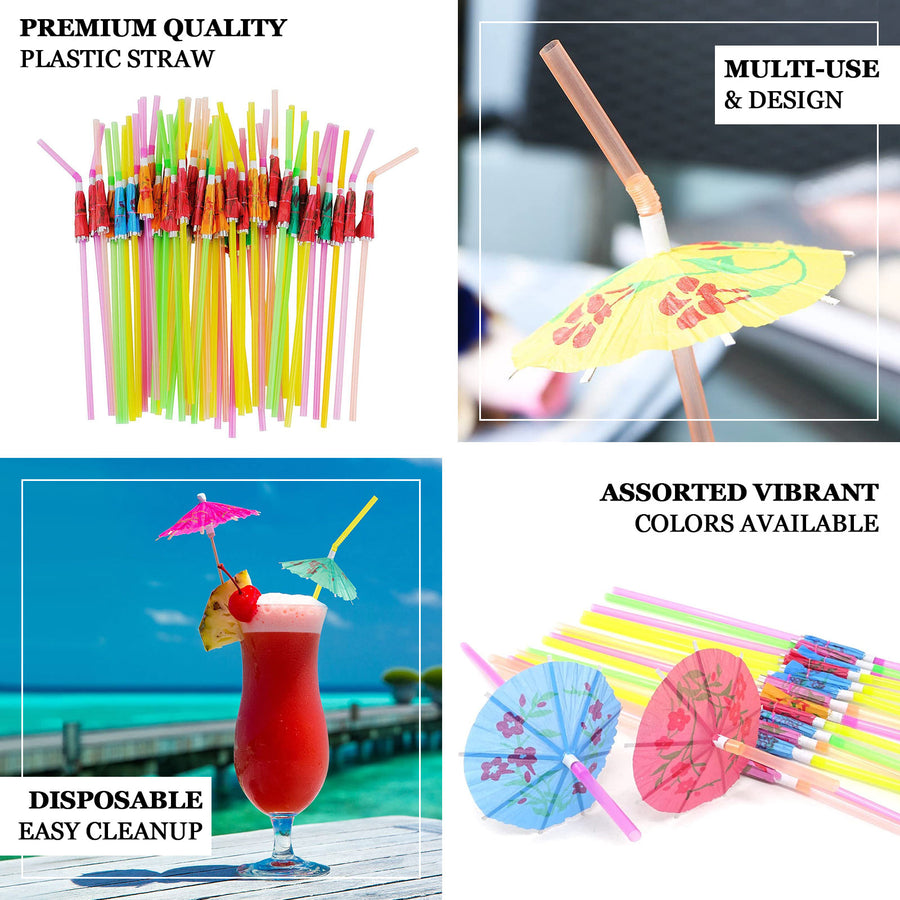 50 Pack | Multi-Colored Umbrella Luau Pool Party Drinking Straws