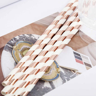 Convenient and Stylish White Rose Gold Striped Paper Straws