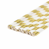 25 Pack 8" White/Gold Striped Disposable Paper Straws
