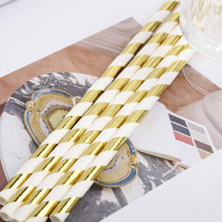 Convenient and Stylish: 8" White/Gold Striped Disposable Paper Straws