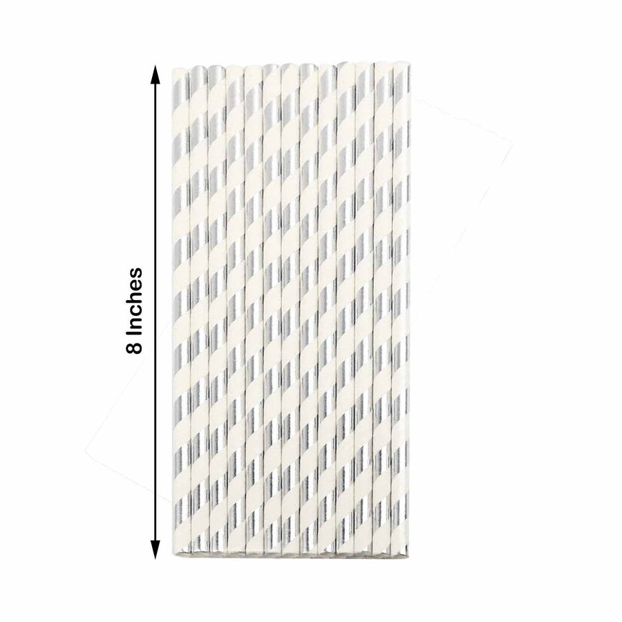25 Pack 8" White/Silver Striped Disposable Paper Straws
