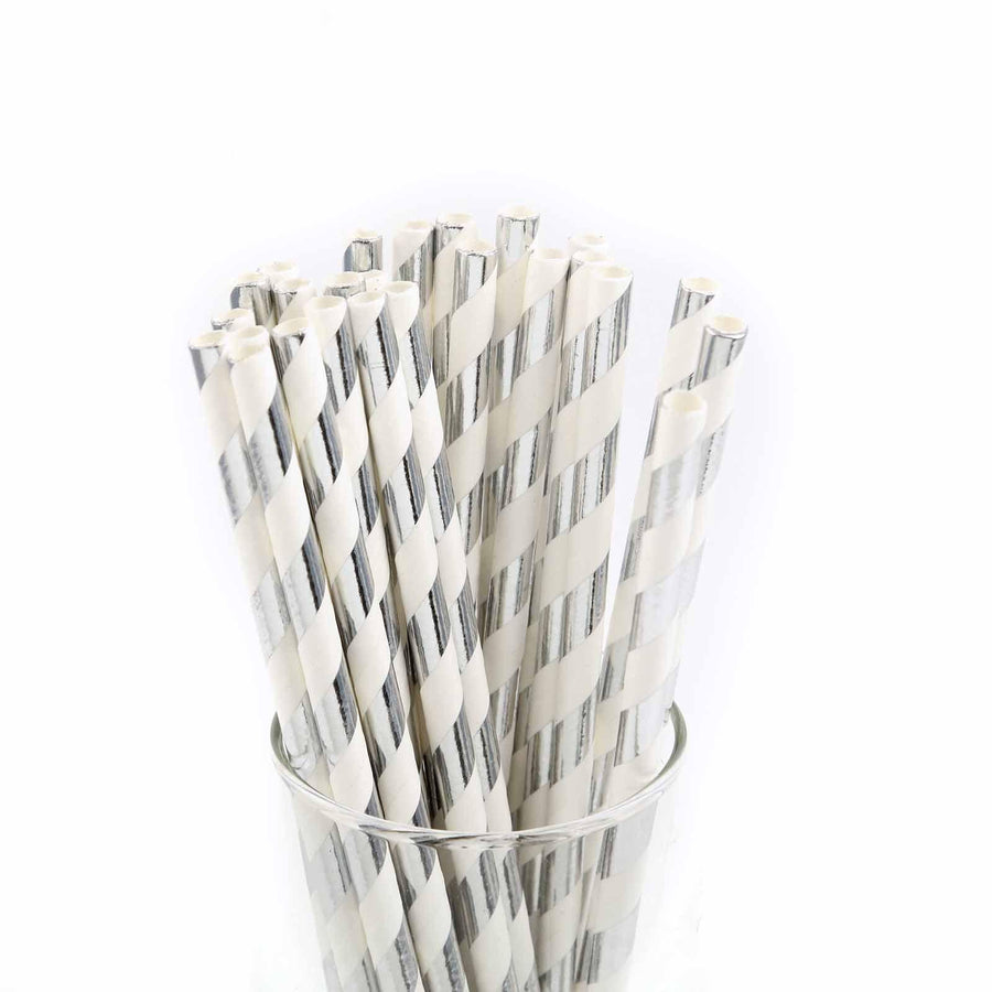25 Pack 8" White/Silver Striped Disposable Paper Straws#whtbkgd
