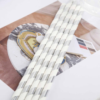 Make a Sustainable Choice with 25 Pack of White/Silver Striped Disposable Paper Straws