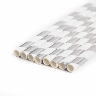 Add a Touch of Elegance to Your Event with 25 Pack of White/Silver Striped Disposable Paper Straws