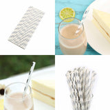 25 Pack 8" White/Silver Striped Disposable Paper Straws