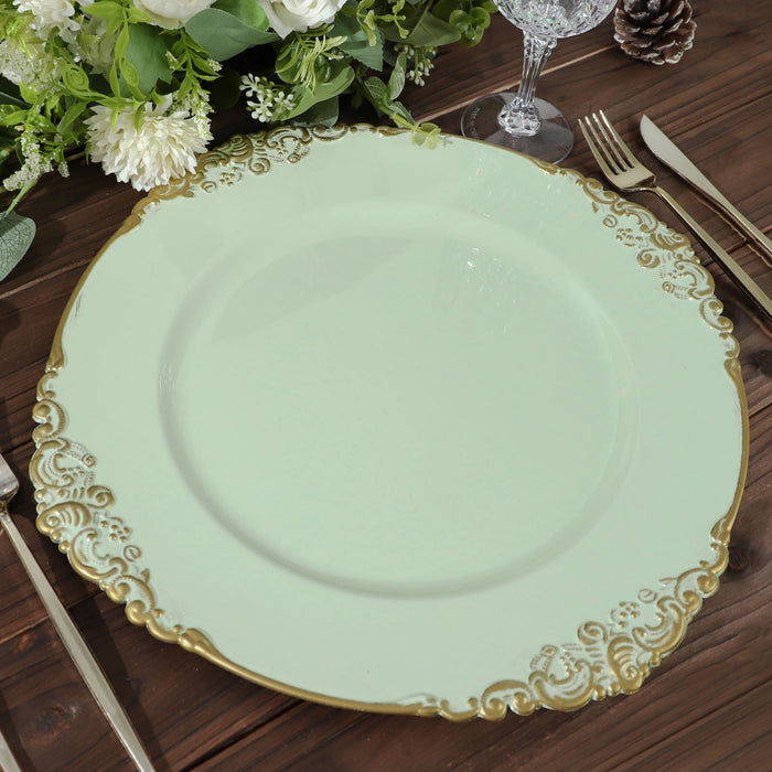 6 Pack | 13inch Sage Green Gold Embossed Baroque Round Charger Plates With Antique Design Rim