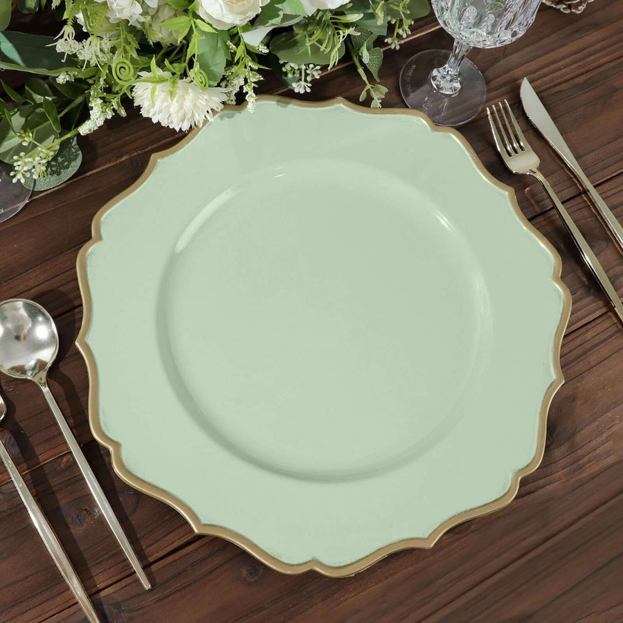 6 Pack | Sage Green 13inch Gold Scalloped Rim Acrylic Charger Plates, Round Plastic Charger Plates