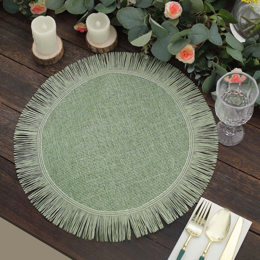 4 Pack | 16inch Sage Green Rustic Farmhouse Burlap Tassel Dining Table Mats