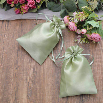 12 Pack 6"x9" Sage Green Satin Wedding Party Favor Bags, Drawstring Pouch Gift Bags