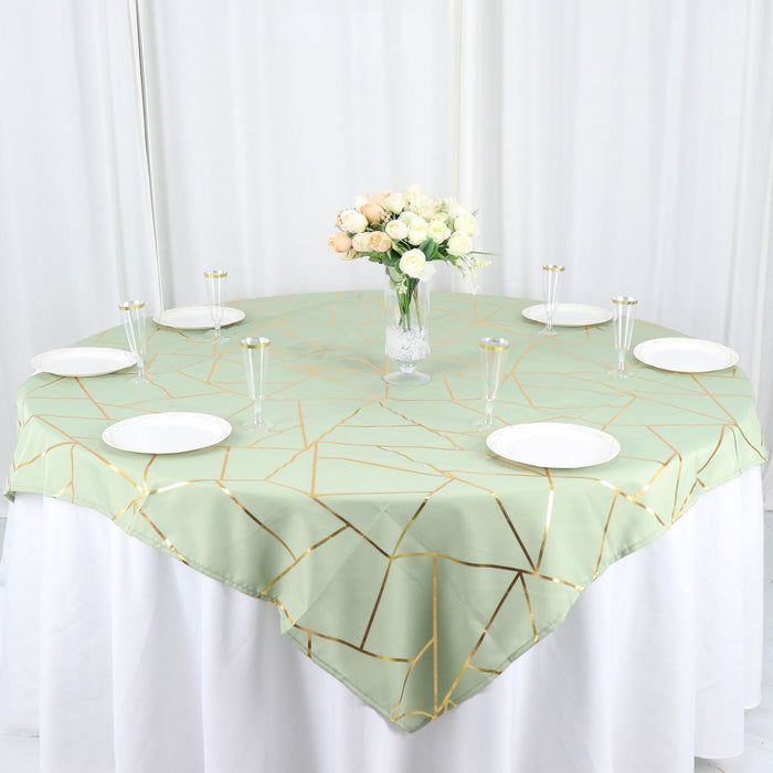 54inch x 54inch Sage Green Polyester Square Overlay With Gold Foil Geometric Pattern