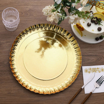 10 Pack | Scallop Rim Cardboard Serving Trays, Charger Plates Gold 13", Disposable Round - 1100 GSM
