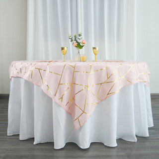 Blush 54"x54" Seamless Polyester Square Table Overlay With Gold Foil Geometric Pattern