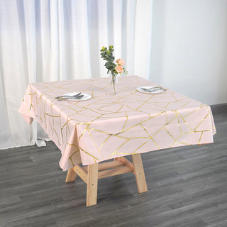 Blush Polyester Square Tablecloth With Gold Foil Geometric Pattern
