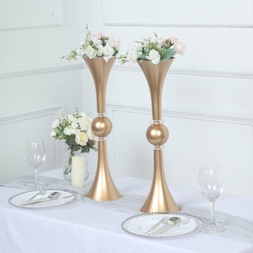 2 Pack | 21" Shiny Gold Crystal Embellishment Trumpet Flower Vase, Reversible Plastic Table Centerpiece