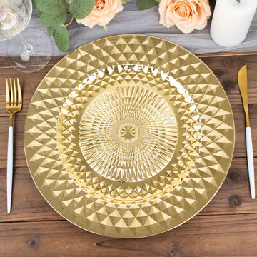 6 Pack 13" Shiny Gold Diamond Pattern Plastic Charger Plates, Sparkling Round Disposable Dinner Serving Plates