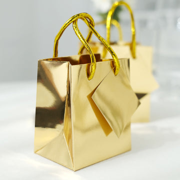 12 Pack | 5" Shiny Metallic Gold Foil Paper Party Favor Bags With Handles, Small Gift Wrap Goodie Bags