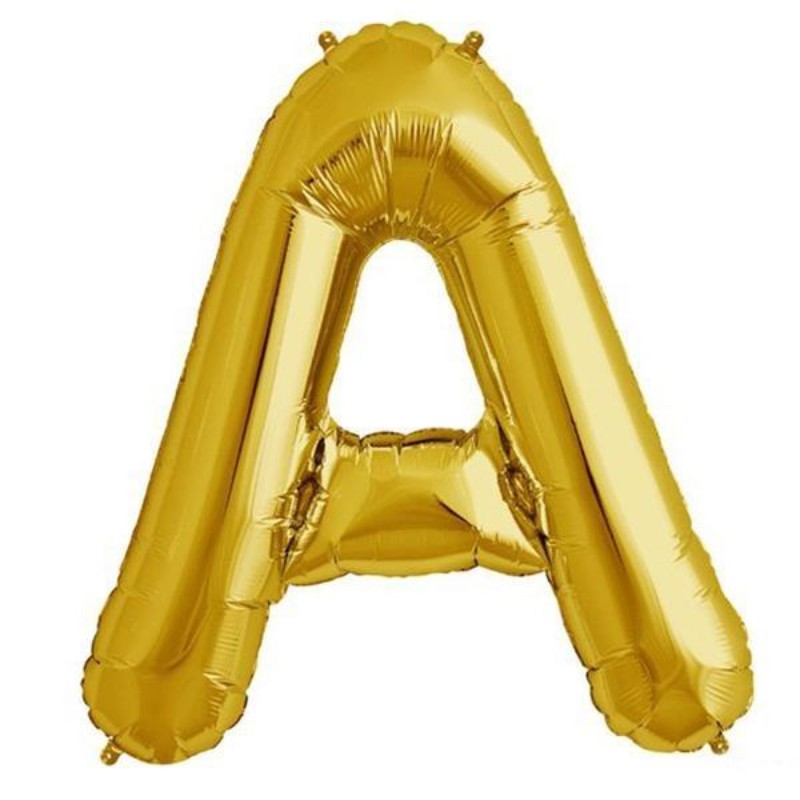 Golden foil letter A balloon on a plain background.