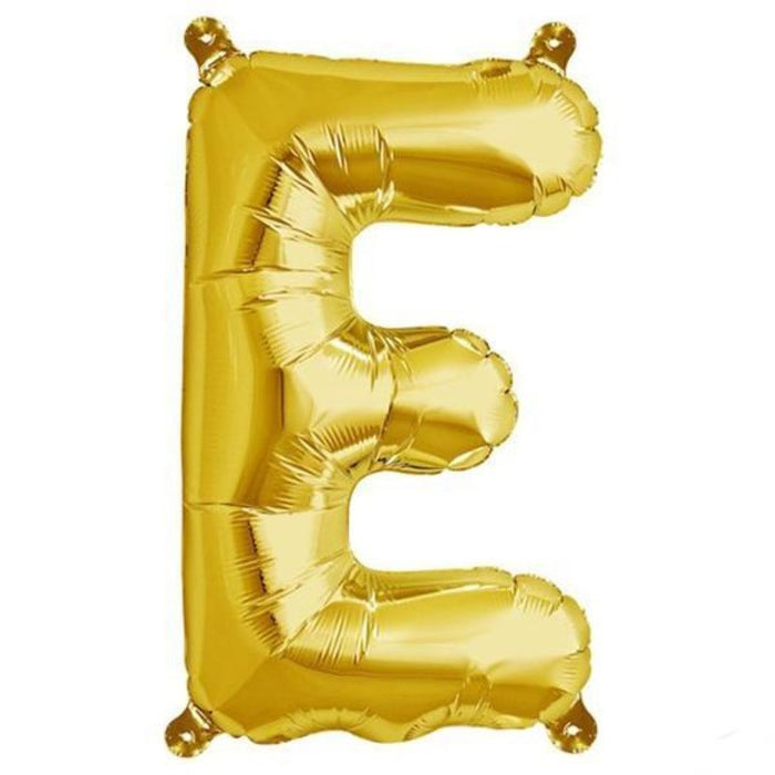 Gold foil balloon letter "E" on a plain background.