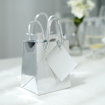 12 Pack | 5" Shiny Metallic Silver Foil Paper Party Favor Bags With Handles, Small Gift Wrap Goodie Bags