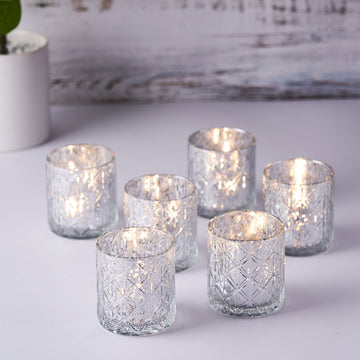 6 Pack | 3" Shiny Silver Mercury Glass Candle Holders, Votive Tealight Holders - Geometric Design