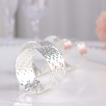 4 Pack Shiny Silver Metal Basket Weave Napkin Rings, Cloth Napkin Holders