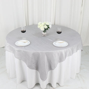 72"x72" Silver Accordion Crinkle Taffeta Table Overlay, Square Tablecloth Topper