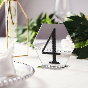 5 Pack 5" Silver Acrylic Hexagon Wedding Table Sign Holders, Number Stands