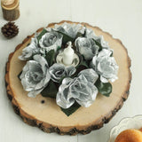 4 Pack | 3inches Silver Artificial Silk Rose Flower Candle Ring Wreaths