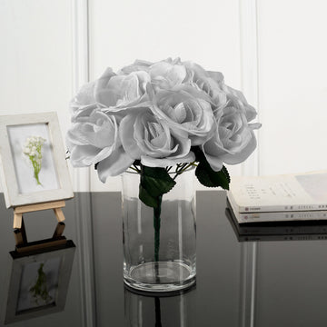 12" Silver Artificial Velvet-Like Fabric Rose Flower Bouquet Bush
