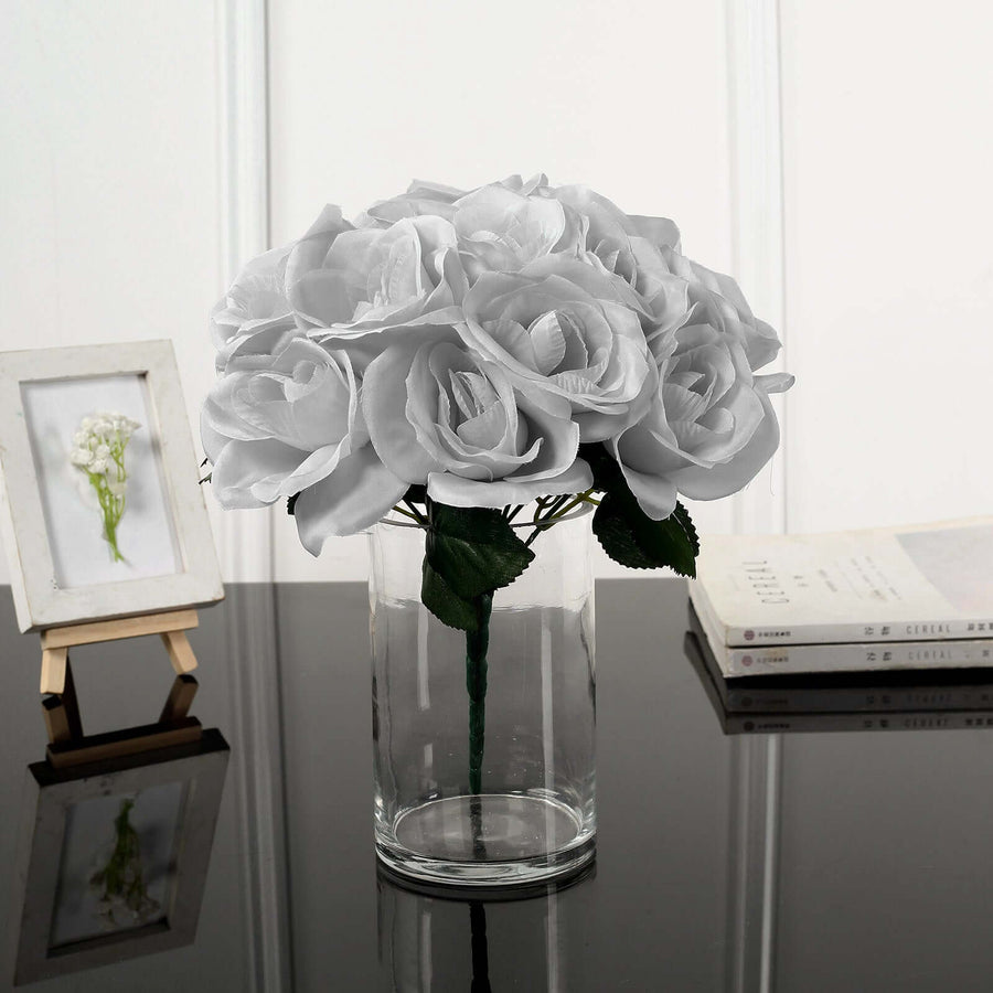 12inches Silver Artificial Velvet-Like Fabric Rose Flower Bouquet Bush