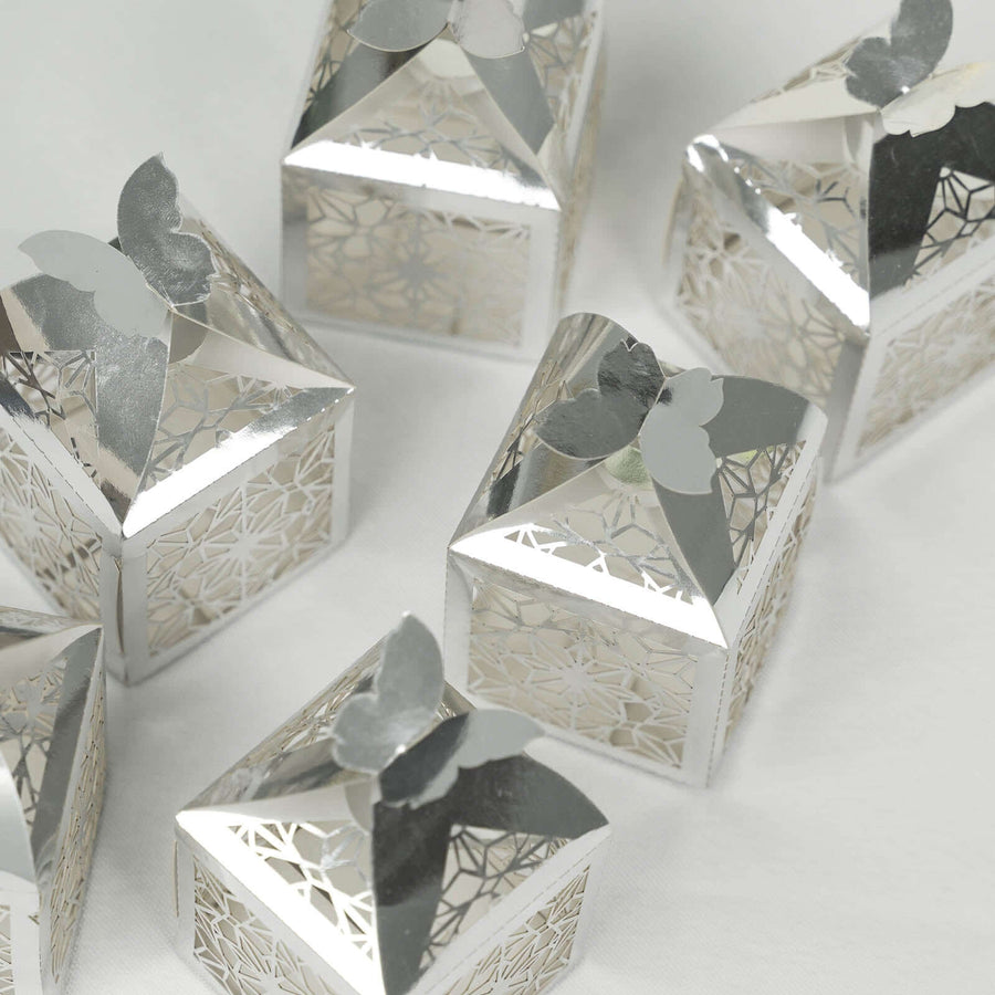 25 Pack | Silver Butterfly Top Laser Cut Lace Favor Candy Gift Boxes