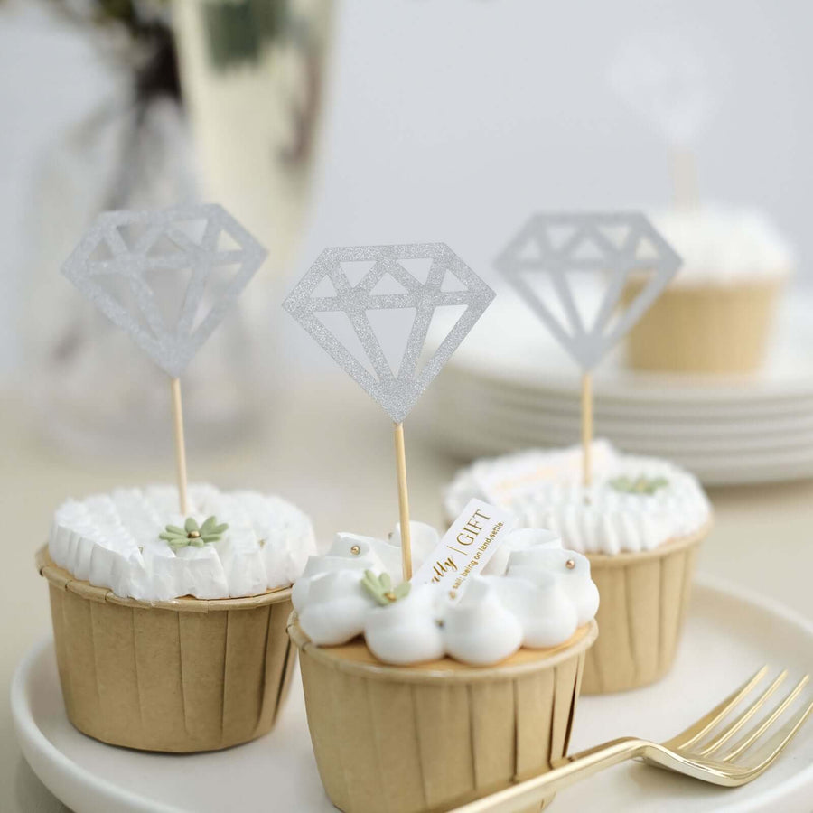 24 Pack | Silver Diamond Ring Cupcake Toppers, Party Cake Picks