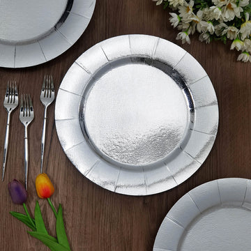 10 Pack | Silver Disposable 13" Charger Plates, Cardboard Serving Tray, Round with Leathery Texture - 1100 GSM