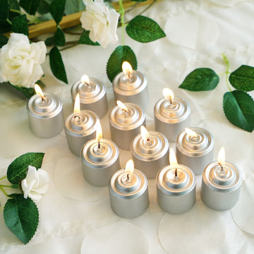 12 Pack | 1.5" Silver Dripless Unscented Wax Votive Candles, Long Lasting Burn Real Wax