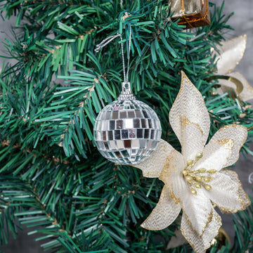 6 Pack | 2" Silver Foam Disco Mirror Ball With Hanging Strings, Holiday Christmas Ornaments