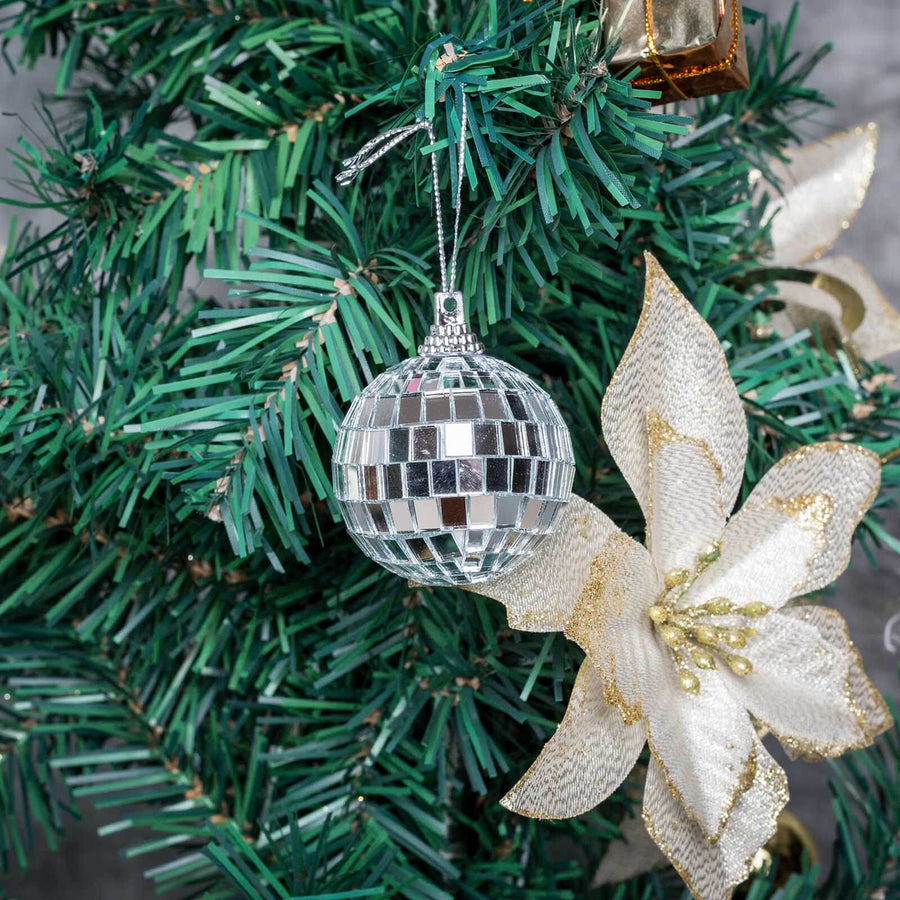 6 Pack | 2Inches Silver Foam Disco Mirror Ball With Hanging Strings, Holiday Christmas Ornaments