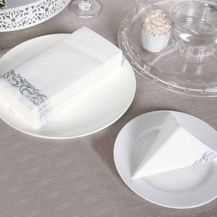 Silver Foil White Airlaid Soft Linen-Feel Paper Dinner Napkins, Disposable Hand Towels - Scroll