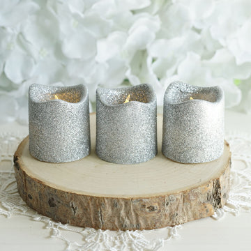 12 Pack | Silver Glittered Flameless LED Votive Candles, Battery Operated Reusable Candles