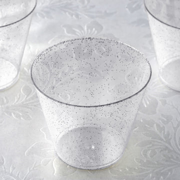12 Pack 9oz Silver Glittered Plastic Cups, Disposable Party Glasses