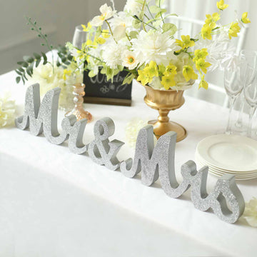 Silver Glittered Wooden "Mr & Mrs" Wedding Table Display Signs, Rustic Glam Freestanding Letter Photo Props