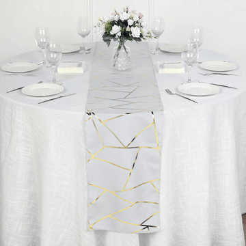 9ft Silver Gold Foil Geometric Pattern Polyester Table Runner