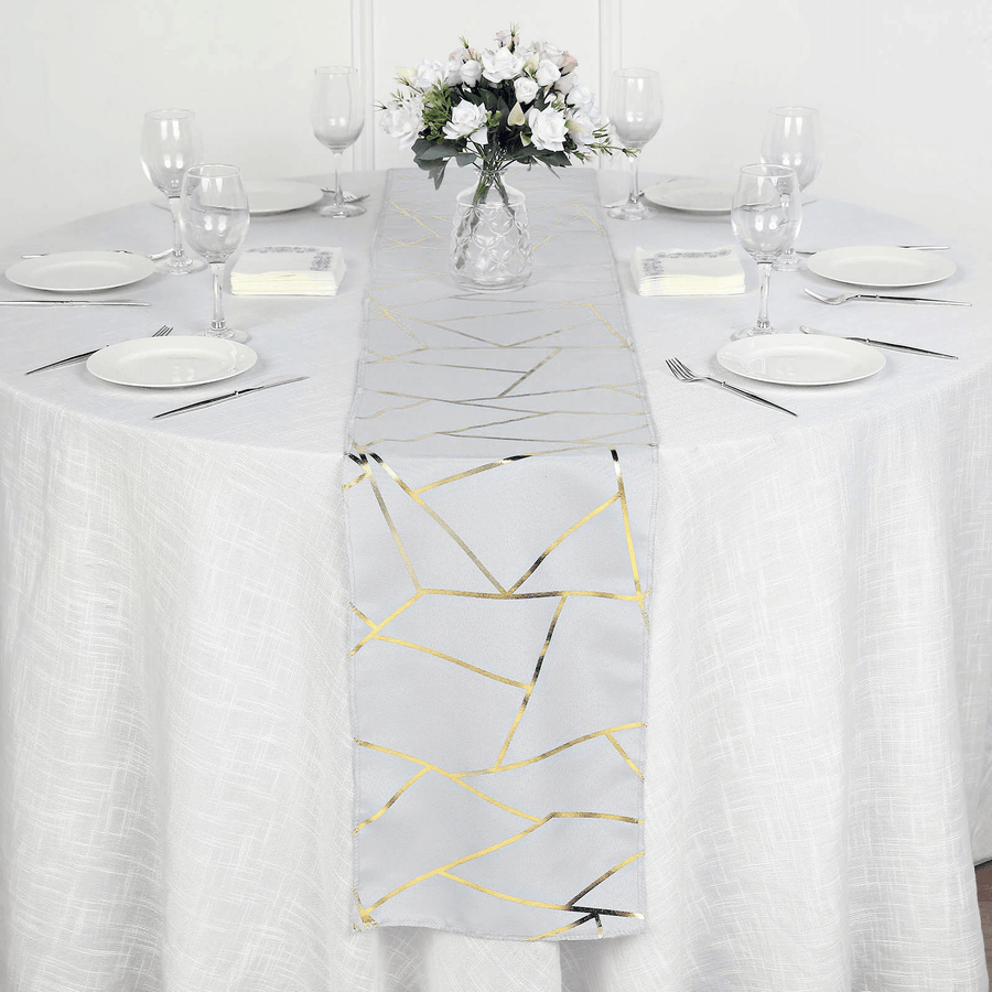 9ft Silver With Gold Foil Geometric Pattern Table Runner