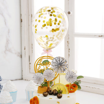 6 Pcs Silver Gold Happy Birthday Cake Topper, 4 Mini Paper Fans and Gold Confetti Balloon Decor