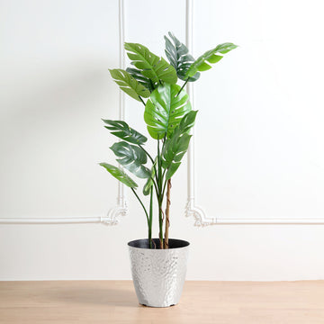 11" Silver Hammered Design Large Indoor Flower Plant Pot, Decorative Greenery Planter