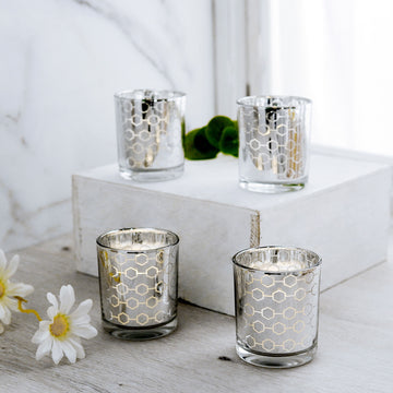 6 Pack 3" Silver Mercury Glass Candle Holders, Votive Candle Containers - Honeycomb Design