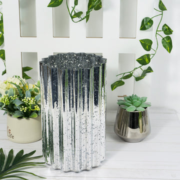 9" Silver Mercury Glass Hurricane Candle Holder, Cylinder Pillar Vase - Wavy Column Design