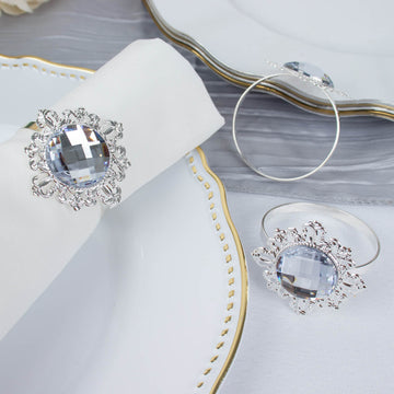 6 Pack | 2" Silver Metal Clear Crystal Rhinestone Napkin Rings, Diamond Bling Napkin Holders