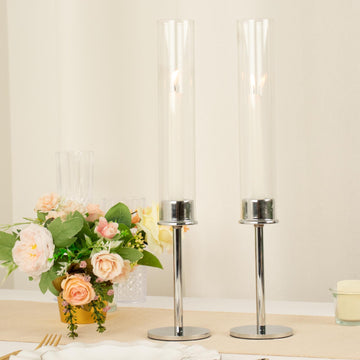 2 Pack 16" Silver Metal Clear Glass Hurricane Candle Stands, Taper Candlestick Holders With Glass Chimney Candle Shades