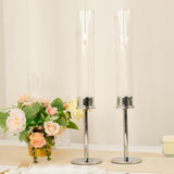 2 Pack | 16inch Silver Metal Clear Glass Hurricane Candle Stands With Glass Chimney Candle Shades